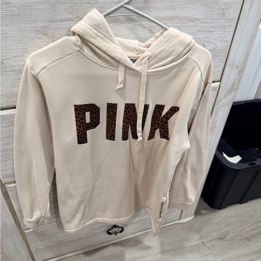 PINK Victoria's Secret Cream Hoodie with Leopard Print Logo